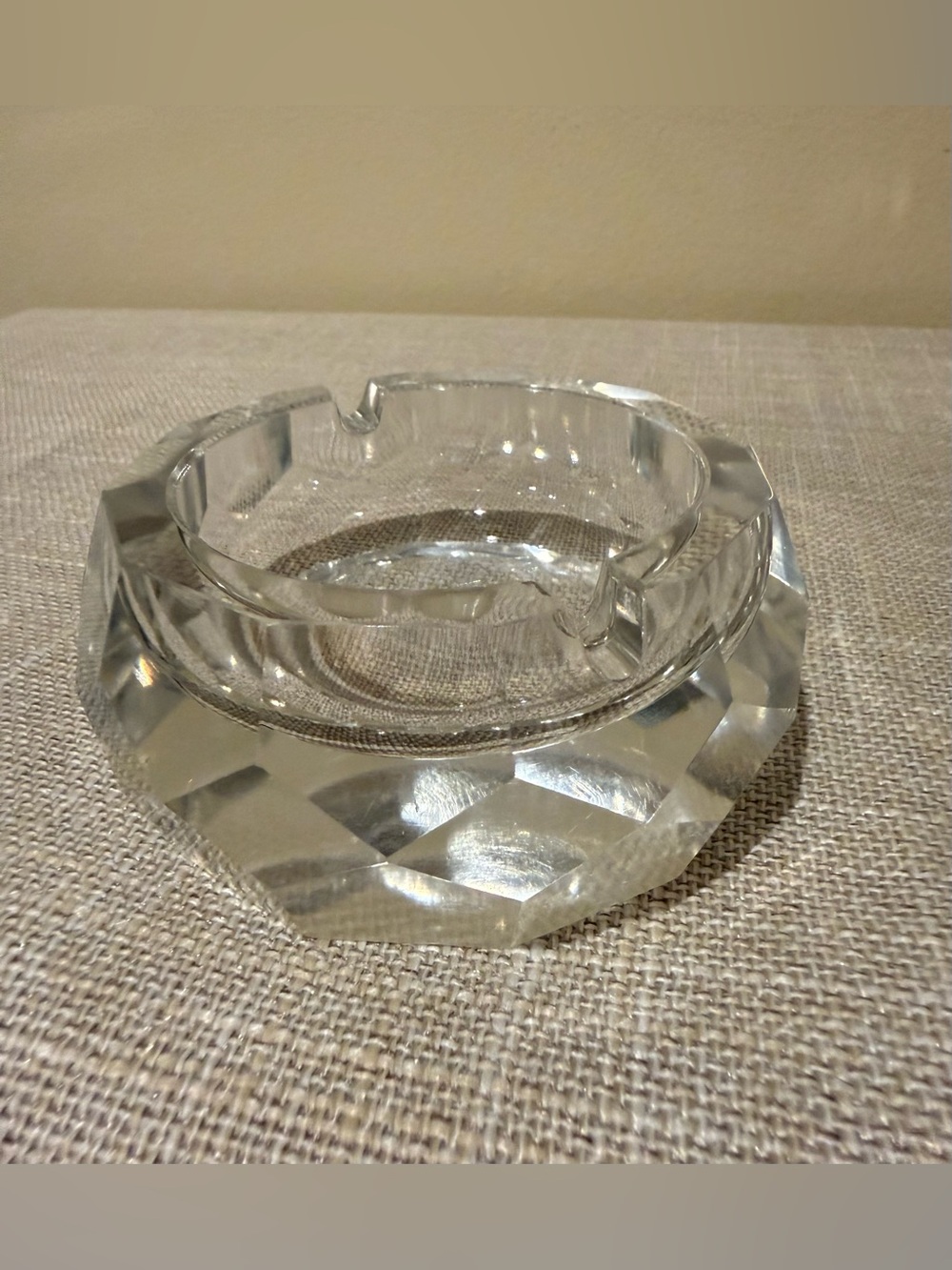 Vintage Heavy Cut Crystal Faceted Round Ashtray Trinket Dish Catchall MCM 3.5”